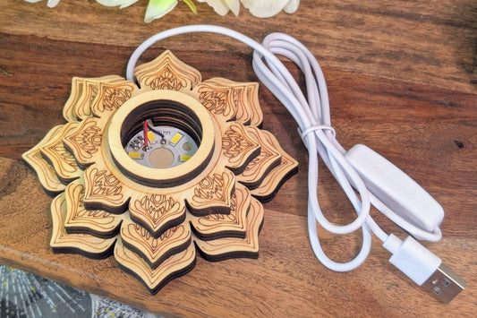 Wooden Engraved Lotus USB Light Base - Cold White