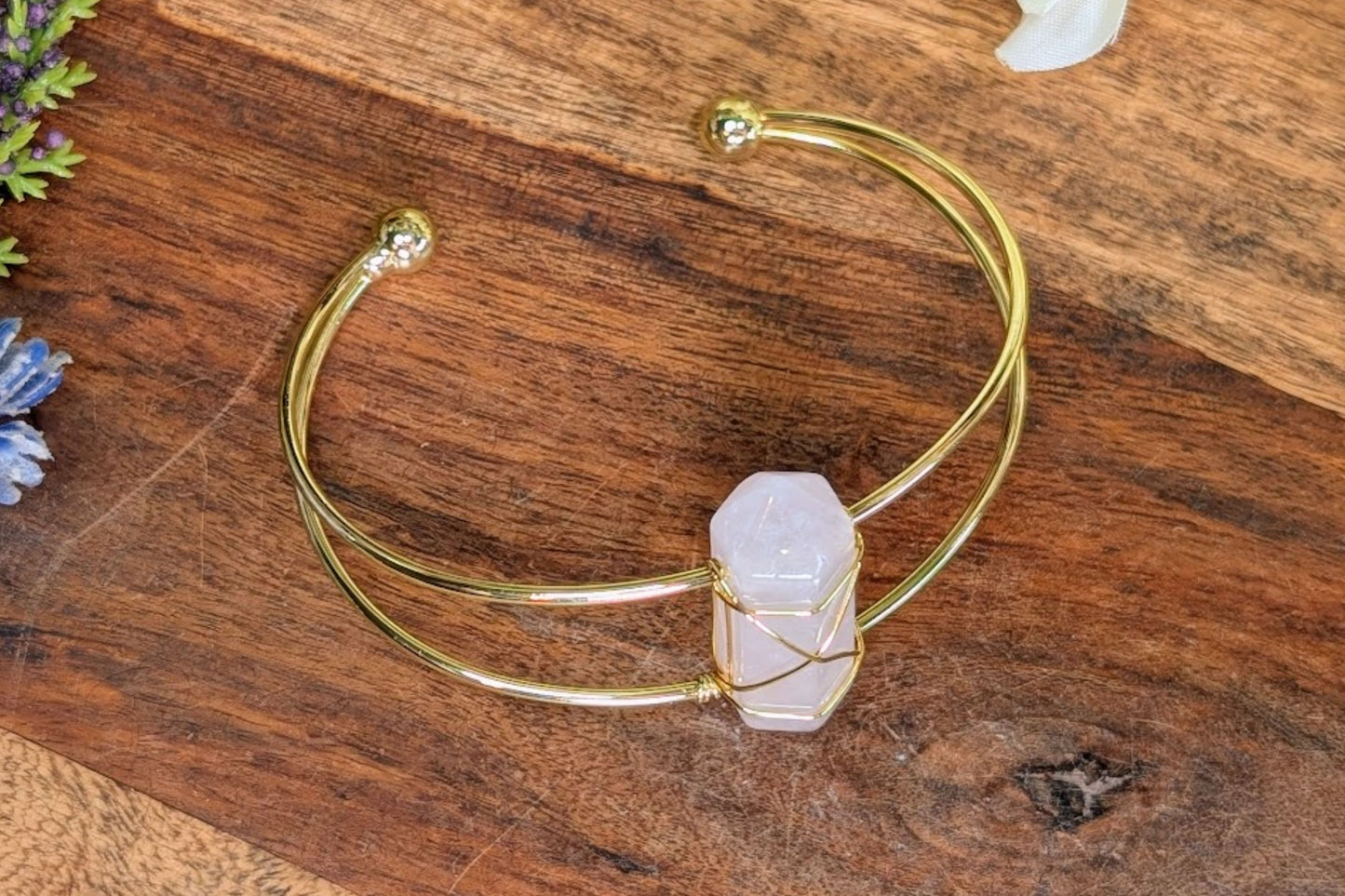 Brass Cuff Bracelet with Rose Quartz
