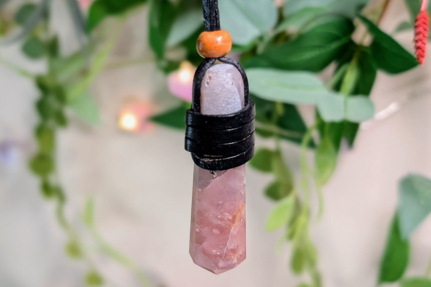 Rose Quartz Leather Wrapped Point Necklace