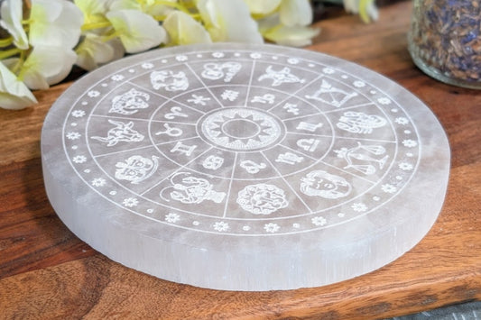 Selenite Plate with Zodiac Engraving