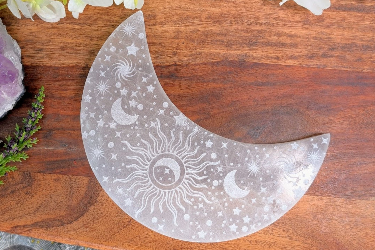 Selenite Crescent Moon with Celestial Engraving