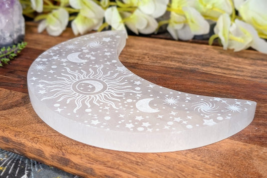 Selenite Crescent Moon with Celestial Engraving