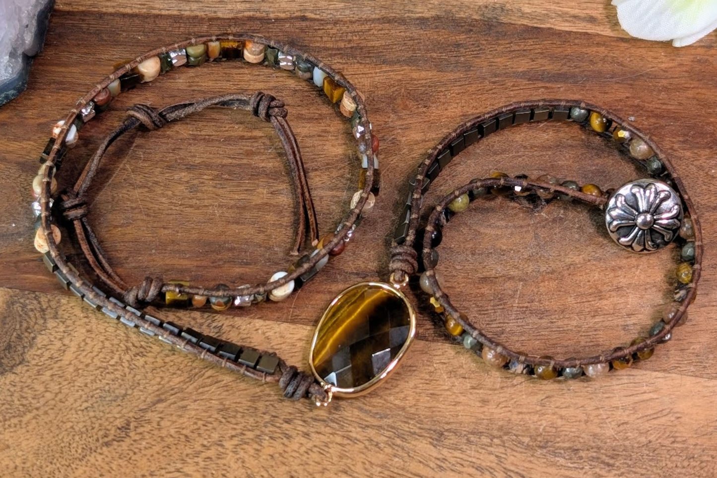 Tiger Eye & Jasper Leather Wrap Bracelet