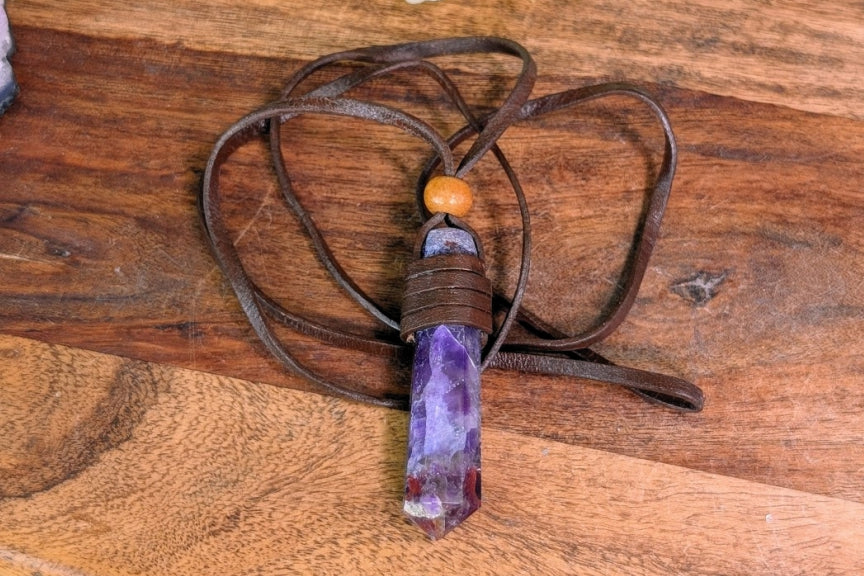 Amethyst Leather Wrapped Point Necklace