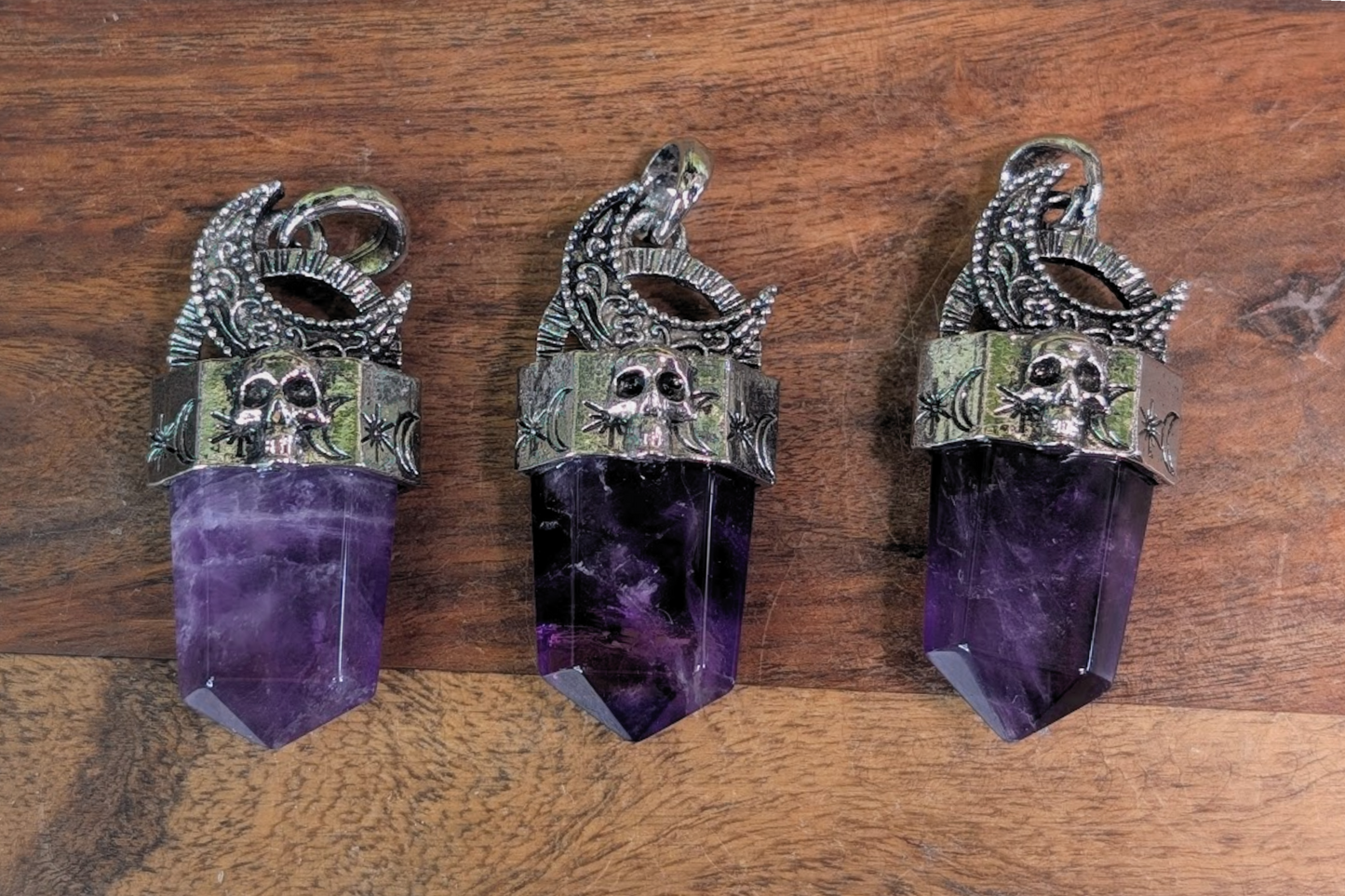 Amethyst Flat Point with Moon and Skull Top Necklace
