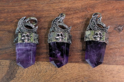 Amethyst Flat Point with Moon and Skull Top Necklace