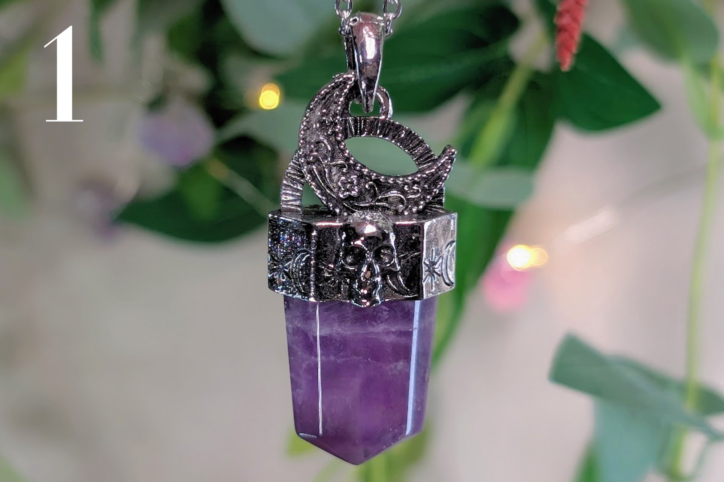 Amethyst Flat Point with Moon and Skull Top Necklace
