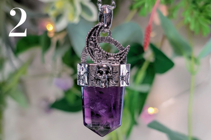 Amethyst Flat Point with Moon and Skull Top Necklace