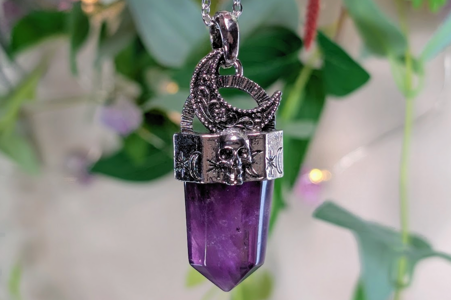 Amethyst Flat Point with Moon and Skull Top Necklace
