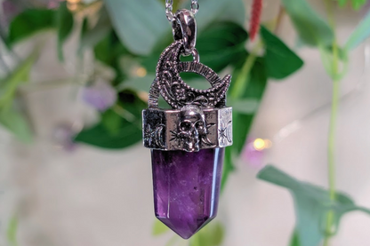 Amethyst Flat Point with Moon and Skull Top Necklace