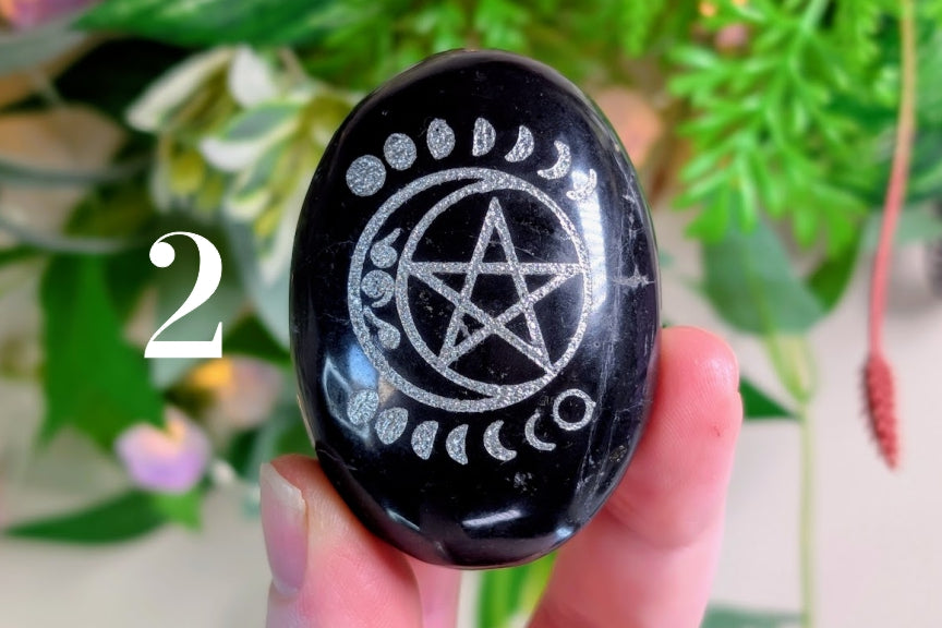 Black Tourmaline Palm Stone with Moon Phases