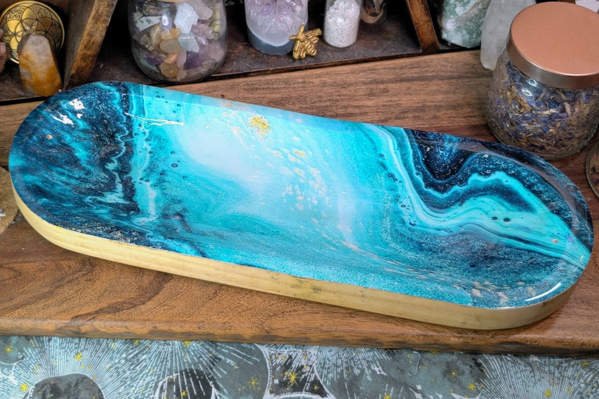 Wood Catchall & Incense Holder - Teal Watercolor Print