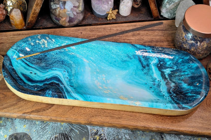 Wood Catchall & Incense Holder - Teal Watercolor Print