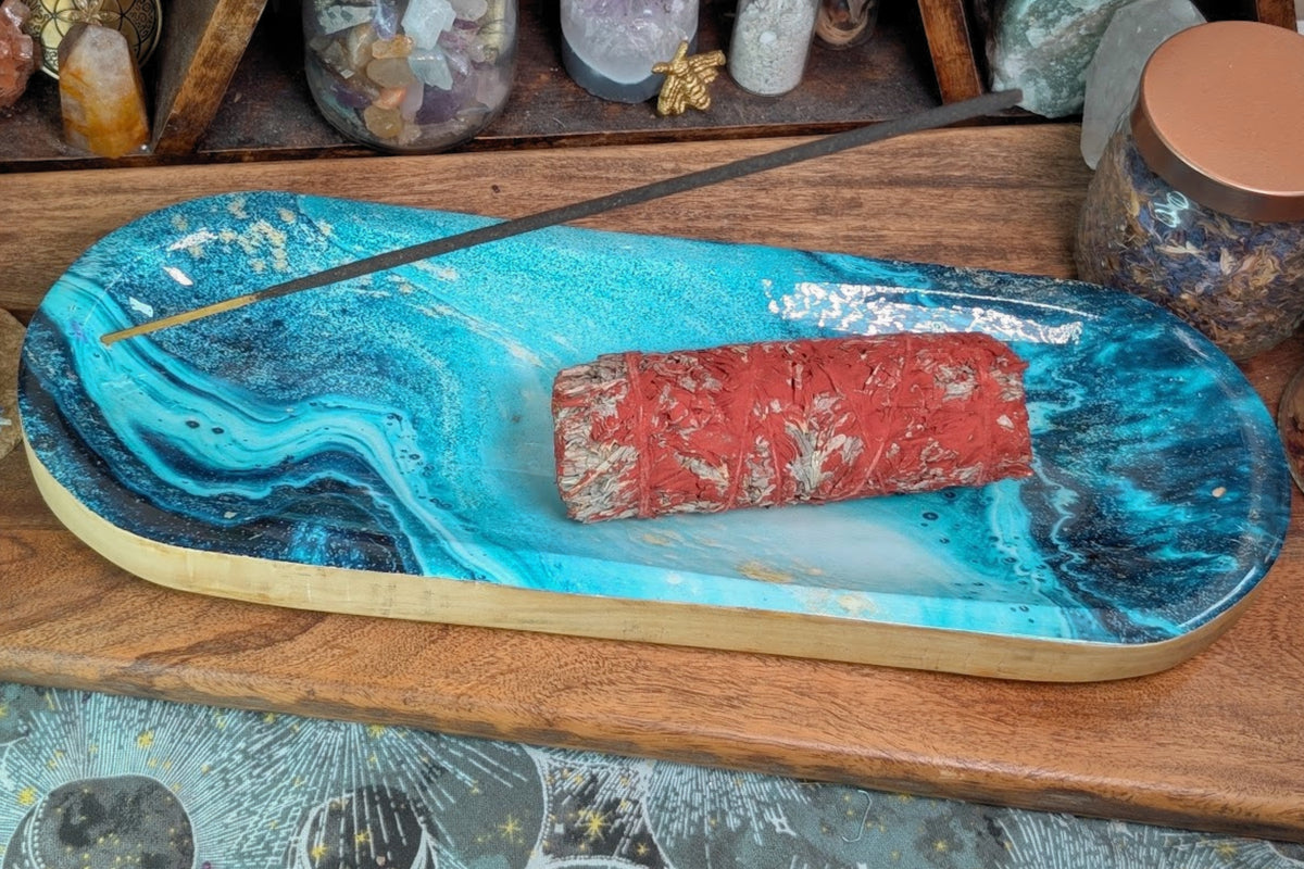 Wood Catchall & Incense Holder - Teal Watercolor Print