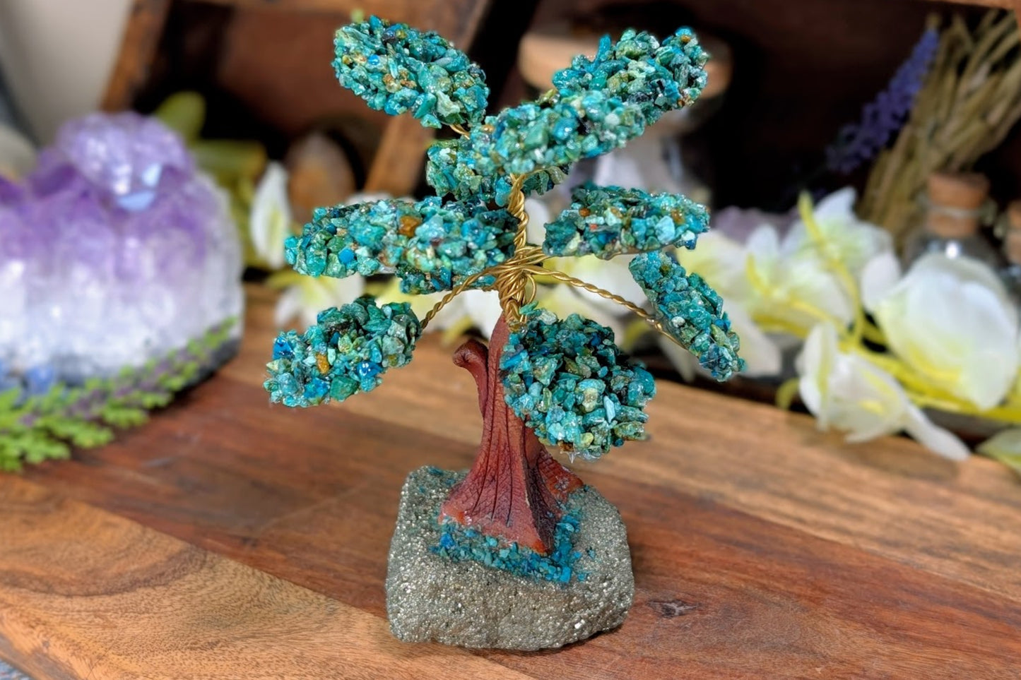 Chrysocolla Gem Tree on Pyrite Base