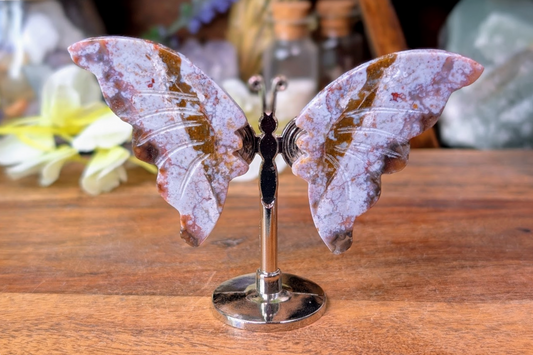 Crazy Lace Agate Butterfly on Stand
