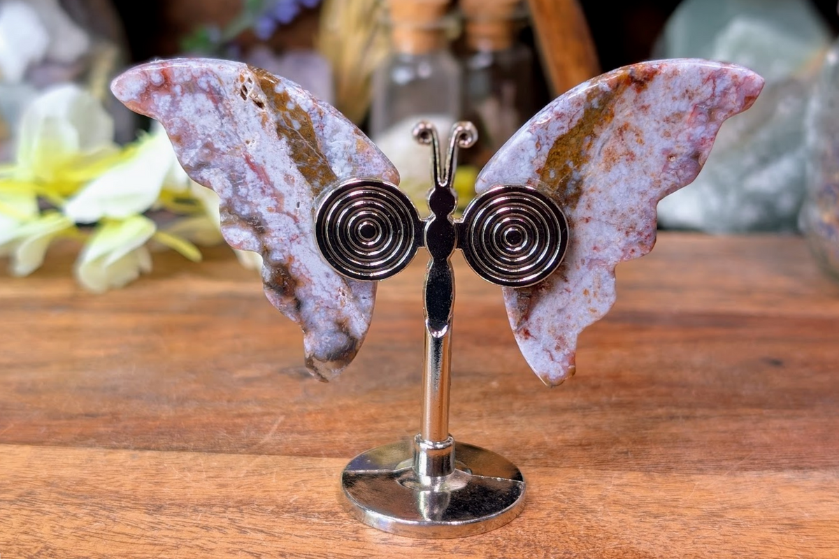 Crazy Lace Agate Butterfly on Stand