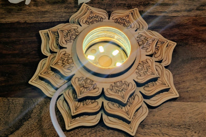 Wooden Engraved Lotus USB Light Base - Cold White