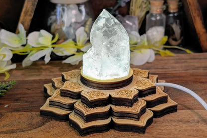 Wooden Engraved Lotus USB Light Base - Cold White