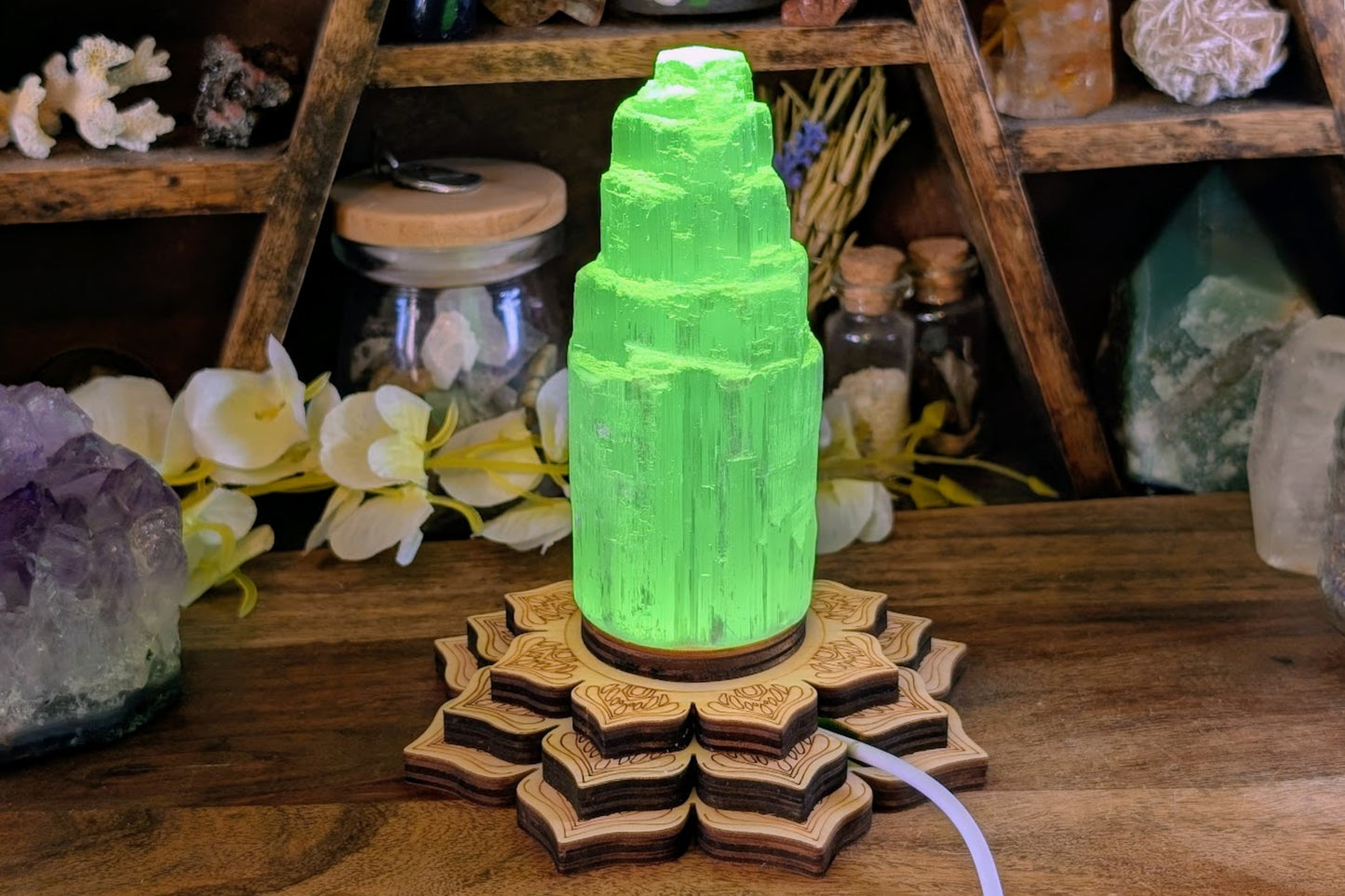 Wooden Engraved Lotus USB Light Base - Color-Cycling