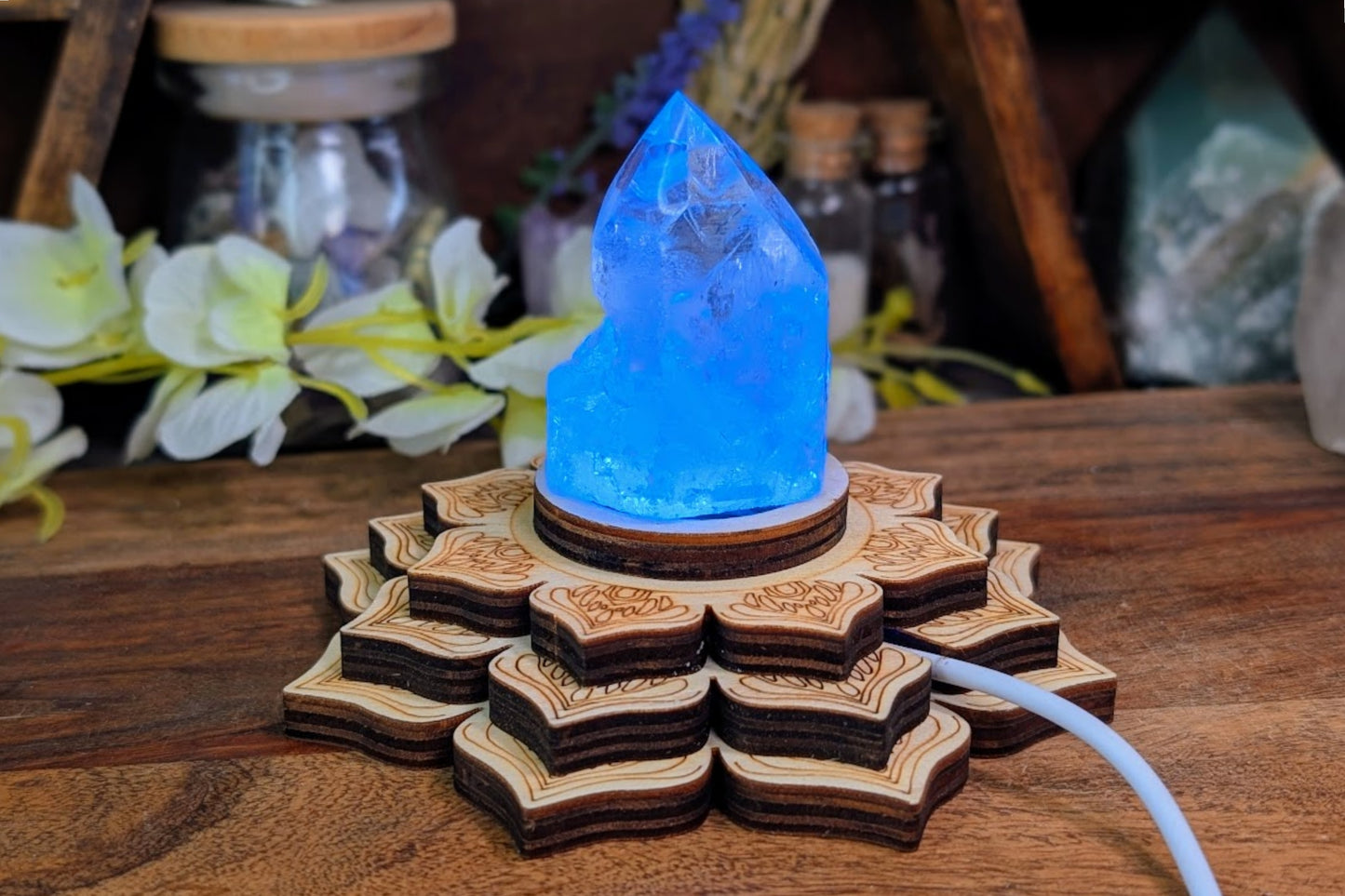 Wooden Engraved Lotus USB Light Base - Color-Cycling