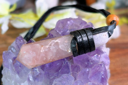 Rose Quartz Leather Wrapped Point Necklace