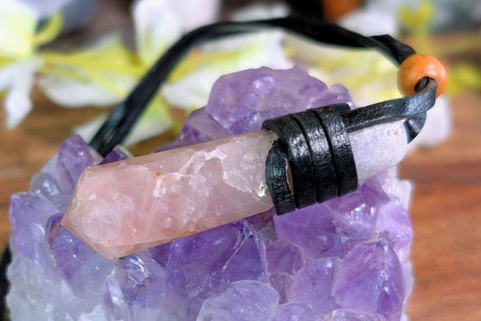 Rose Quartz Leather Wrapped Point Necklace