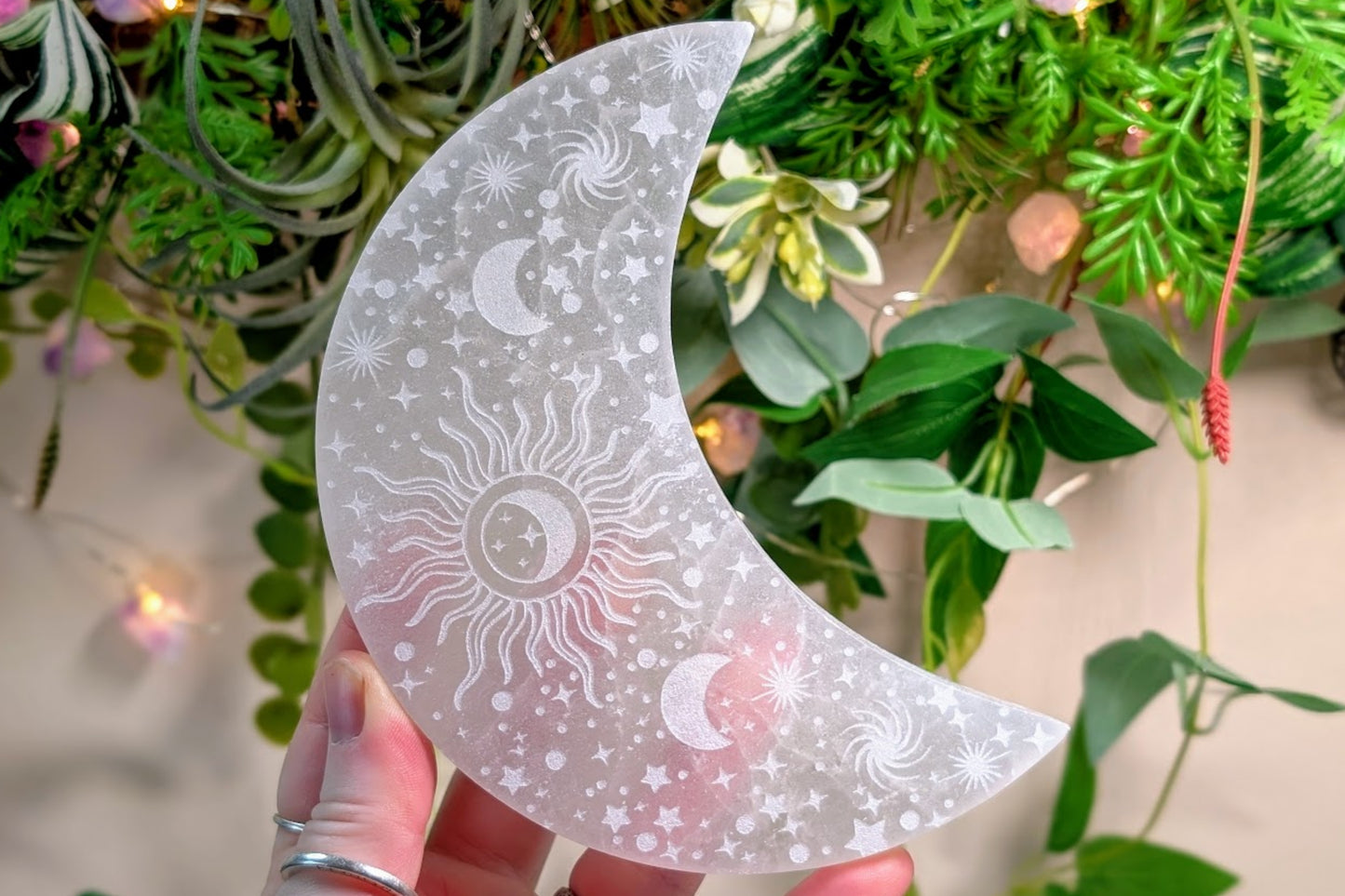 Selenite Crescent Moon with Celestial Engraving