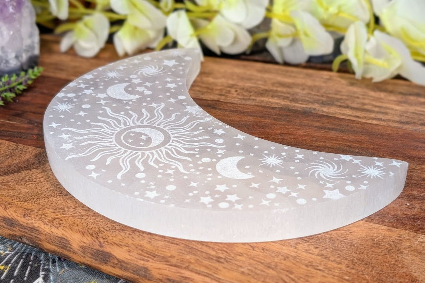 Selenite Crescent Moon with Celestial Engraving