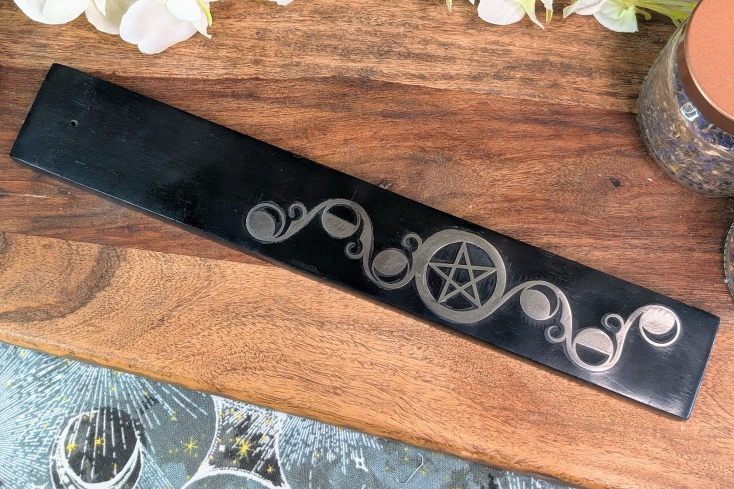 Soapstone Incense Holder - Pentacle with Moon Phases Metal Inlay