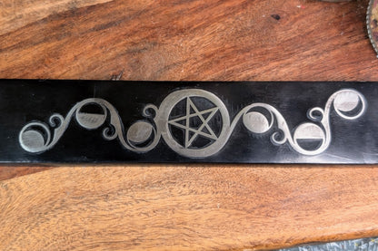 Soapstone Incense Holder - Pentacle with Moon Phases Metal Inlay