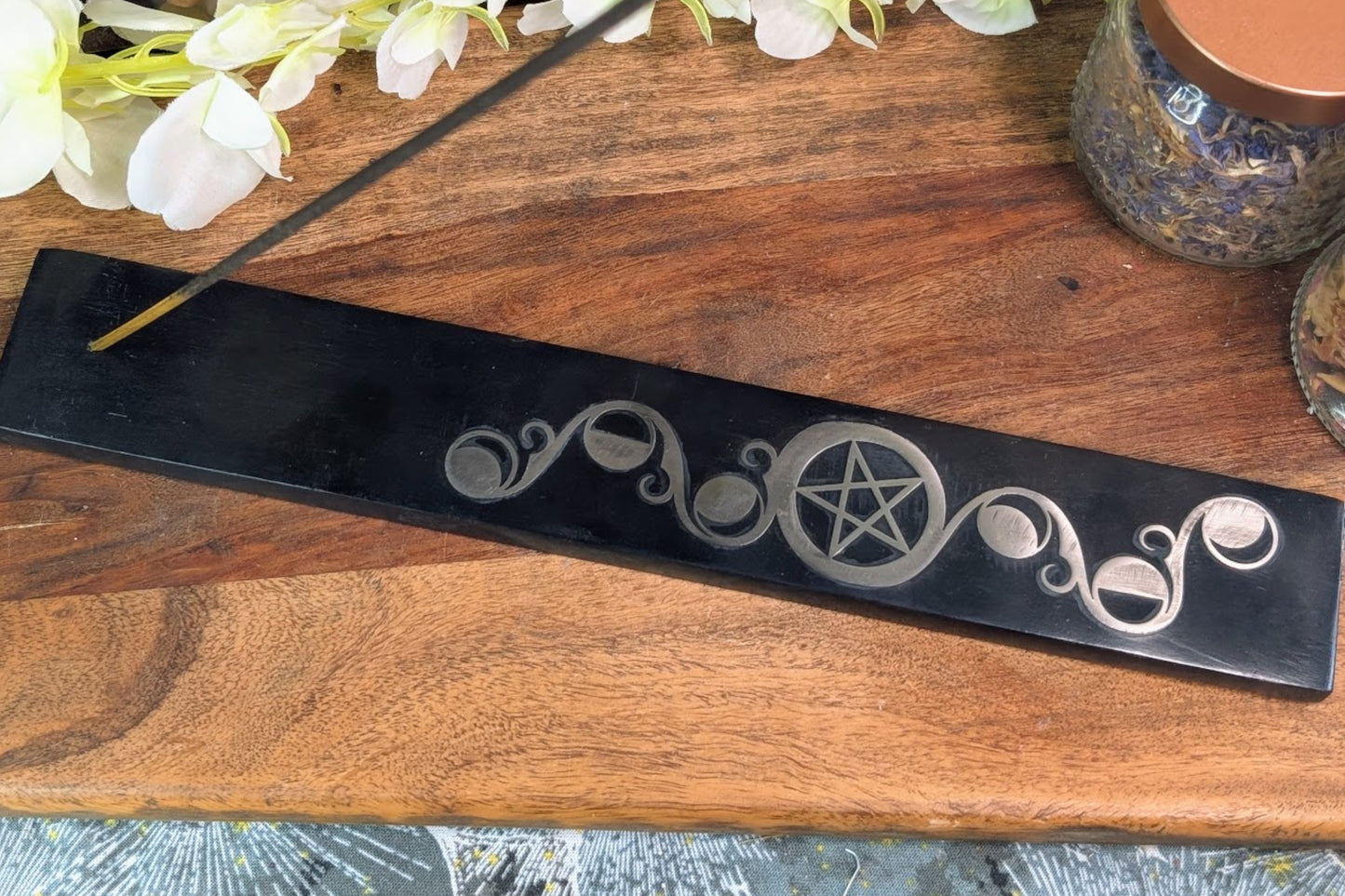 Soapstone Incense Holder - Pentacle with Moon Phases Metal Inlay