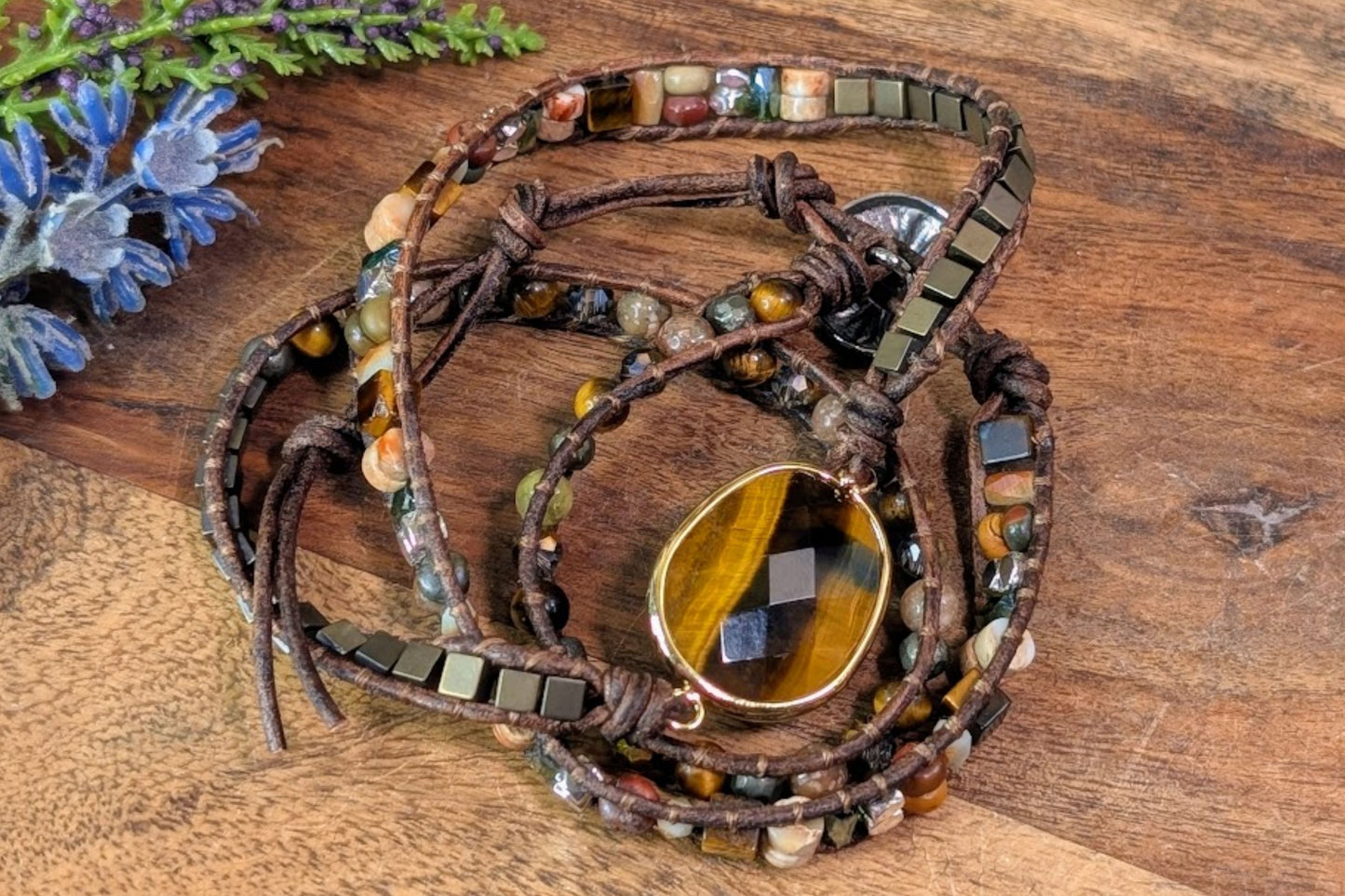 Tiger Eye & Jasper Leather Wrap Bracelet