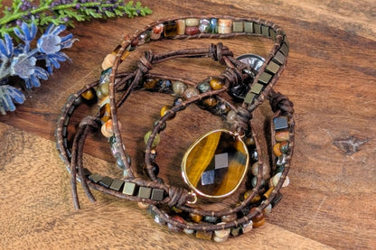 Tiger Eye & Jasper Leather Wrap Bracelet