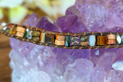 Tiger Eye & Jasper Leather Wrap Bracelet