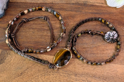 Tiger Eye & Jasper Leather Wrap Bracelet