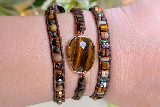 Tiger Eye & Jasper Leather Wrap Bracelet