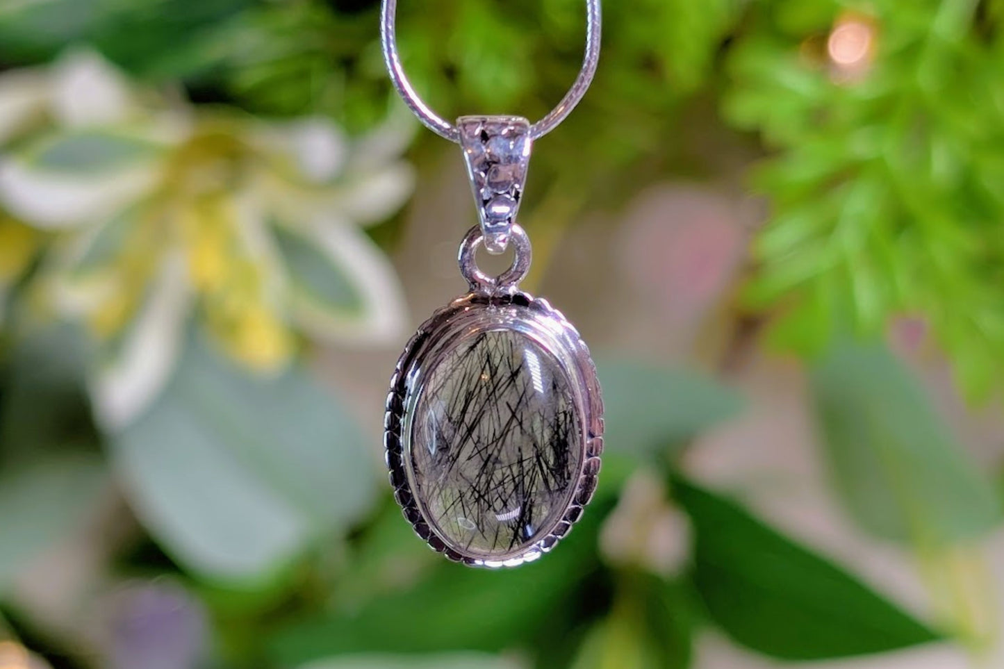Tourmalinated Quartz Oval Sterling Silver Necklace
