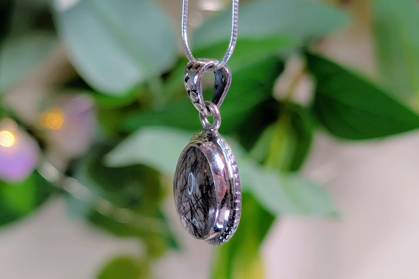 Tourmalinated Quartz Oval Sterling Silver Necklace