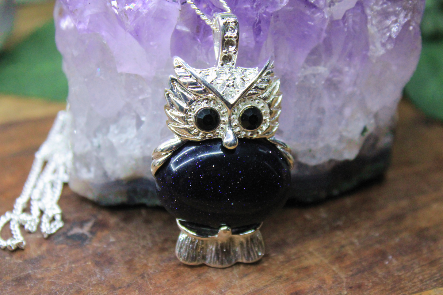 Blue Goldstone Owl Necklace