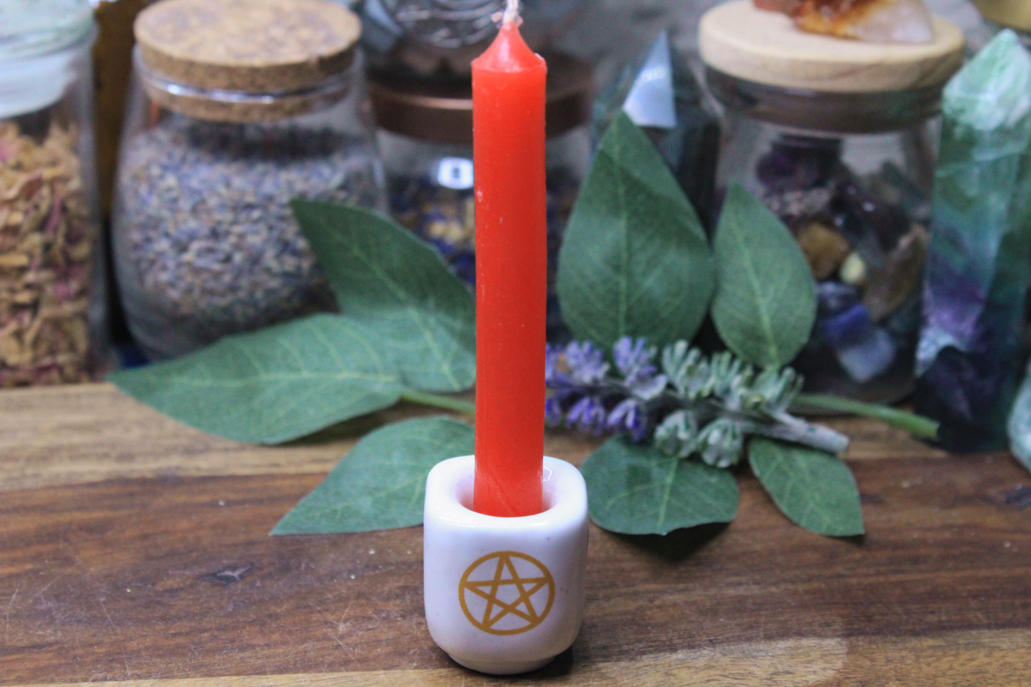 Ceramic Chime Candle Holder - White with Pentacle