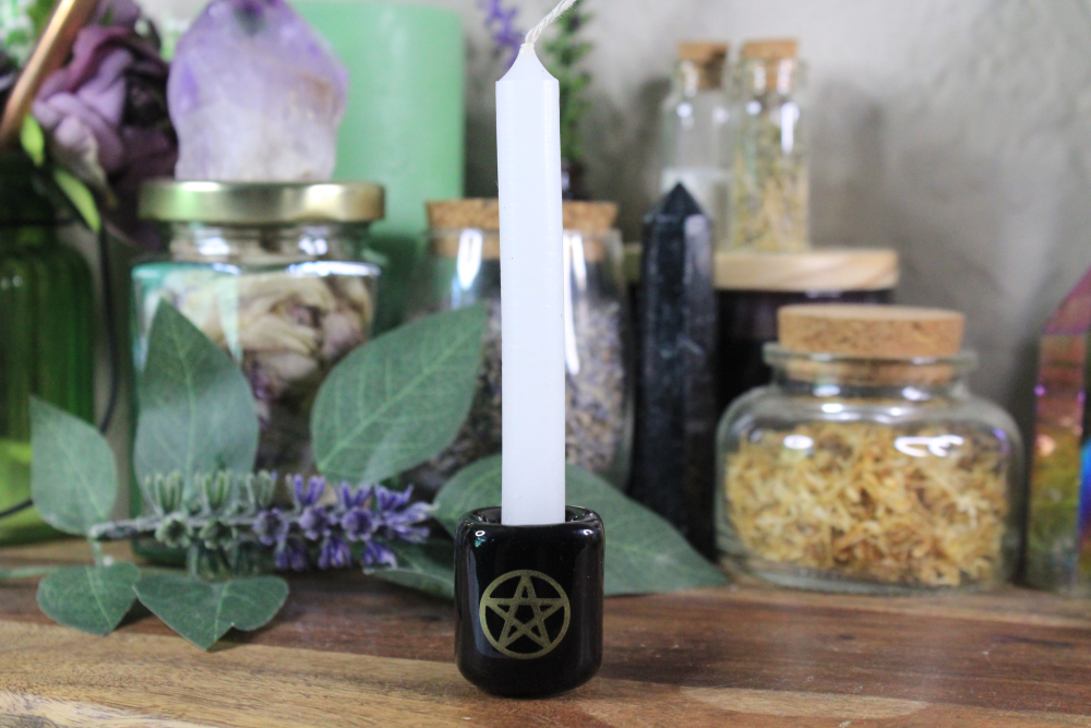 Ceramic Chime Candle Holder - Black with Pentacle