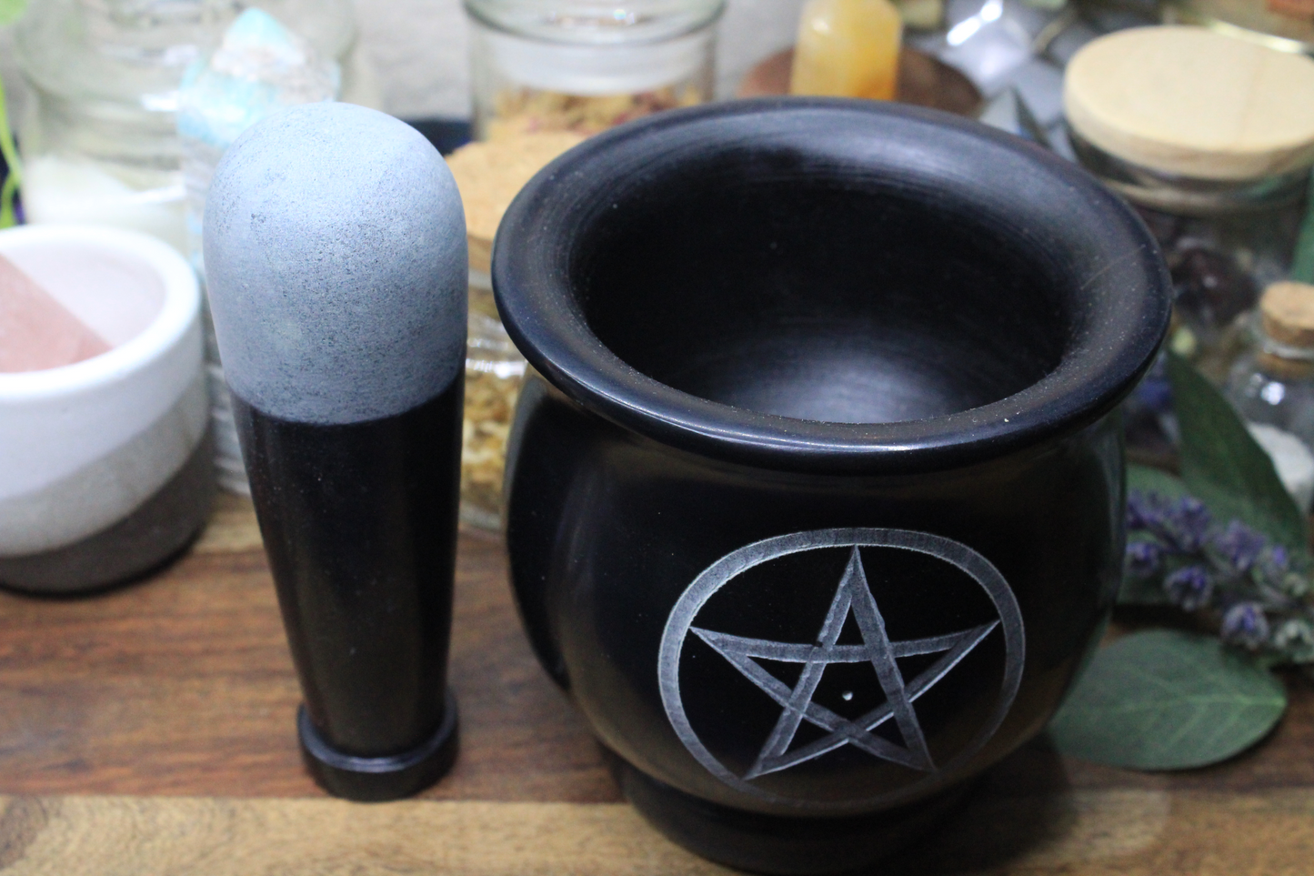 Soapstone Black Pentacle Cauldron Style Mortar & Pestle