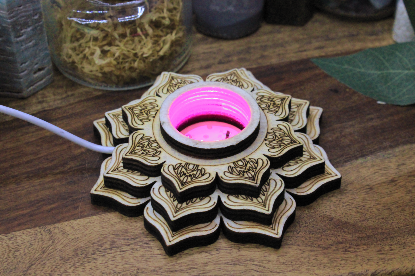 Wooden Lotus USB Color-Cycling Light Base